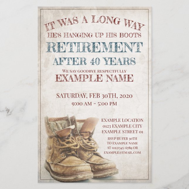 Announcement of retirement with old boots (Front)