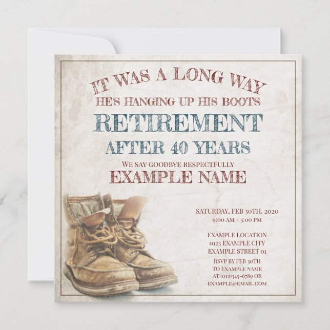 Announcement of retirement with old boots (Front)