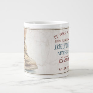 Announcement of retirement with old boots V2.0 Large Coffee Mug