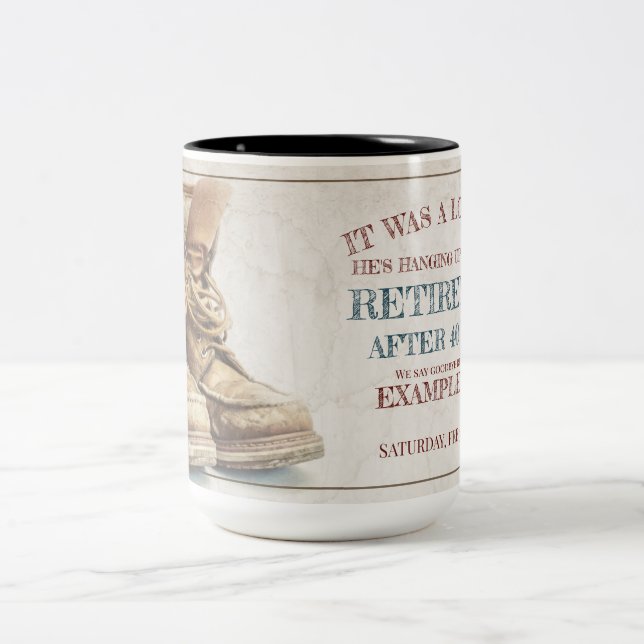 Announcement of retirement with old boots V2.0 Two-Tone Coffee Mug (Center)
