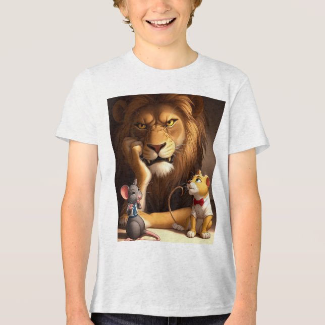 Annoyed Lion with Curious Cub and Tiny Mouse – Fun Tri-Blend Shirt (Front)