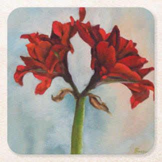 "Ann's Gift" Red Amaryllis Flower Oil Painting Square Paper Coaster