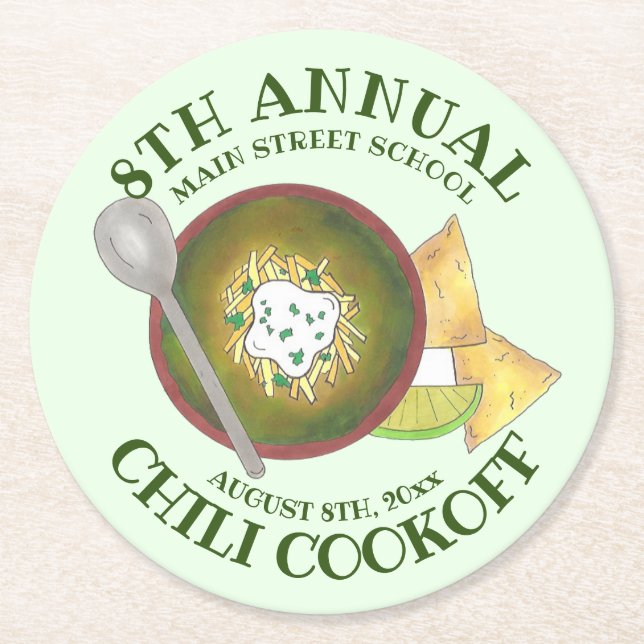 Annual Chilli Cookoff Cook Off Bowl of Green Chill Round Paper Coaster (Front)