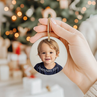 Annual Christmas Photo White Text Ceramic Tree Decoration