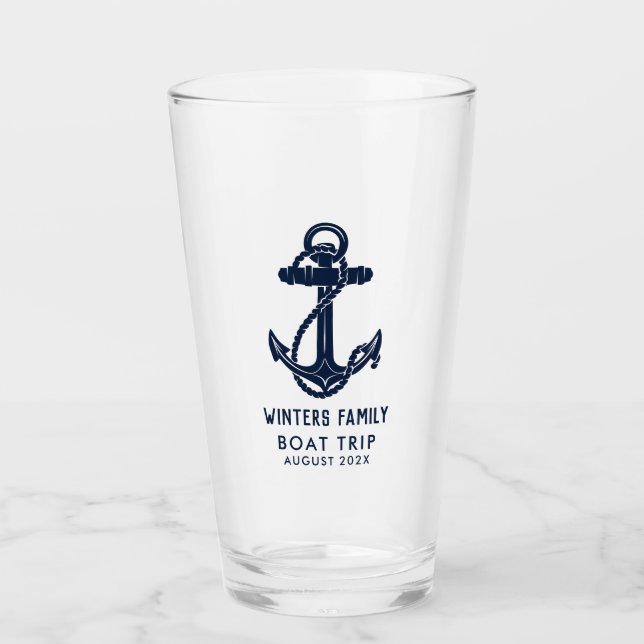 Annual Family Boat Trip Navy Blue Anchor Custom Glass (Front)