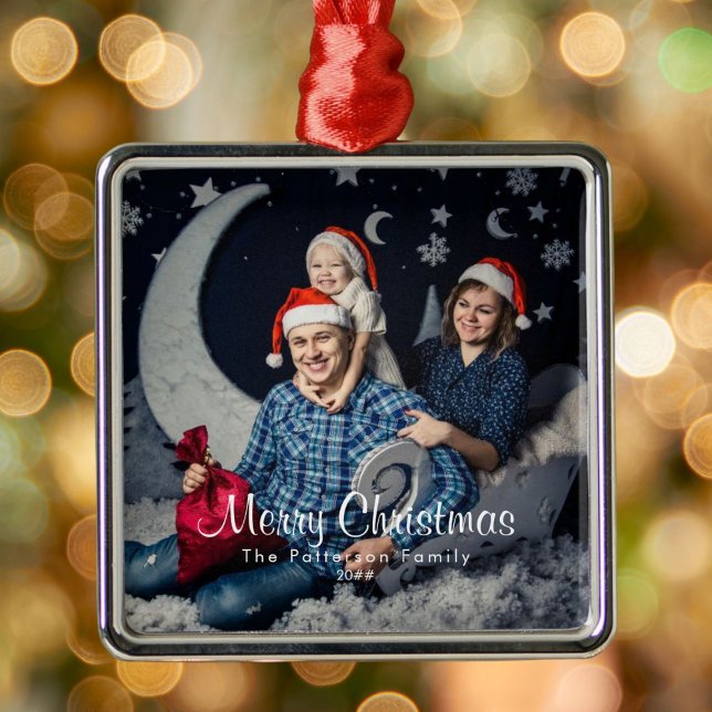 Annual Family Photo and Name Merry Christmas  Metal Tree Decoration (Available in multiple types of ornaments. Customize with your picture, family name and date.)