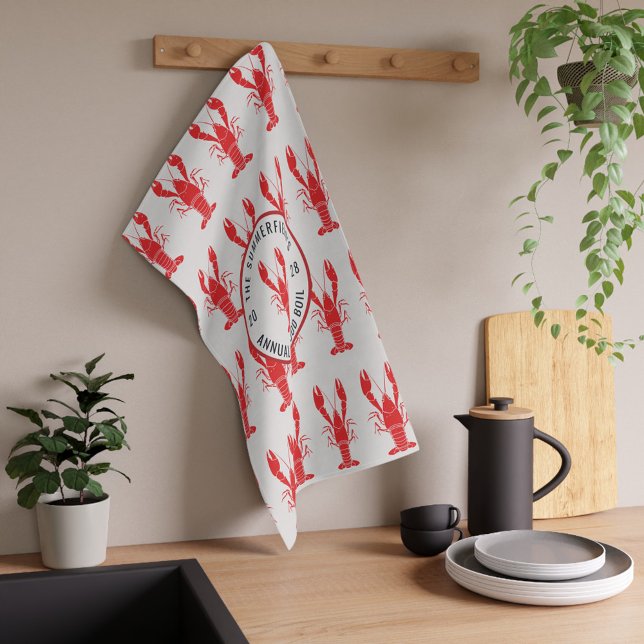 Annual Family Summer Seafood  Boil Custom Tea Towel (Custom Seafood Boil Lobster Pattern Kitchen Towel)