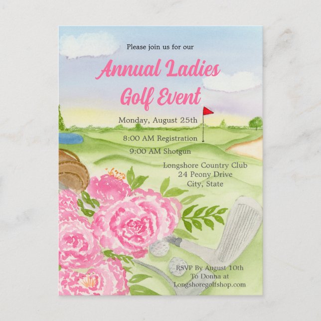 Annual Golf Outing Party Peonies On Golf Course Postcard (Front)