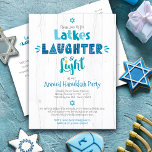 Annual Hanukkah Party Latkes Laughter Light Rustic Invitation Postcard<br><div class="desc">“Latkes, laughter & light.” It's time to get together for Hanukkah. Fun whimsical handcrafted typography along with Stars of David in dusty blue, turquoise and teal on a rustic, white wood background, help you usher in the holiday party season. Celebrate with family and friends while you feel the warmth and...</div>