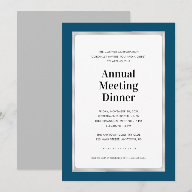 Annual Meeting Dinner | Navy Blue and Silver Invitation (Front/Back)