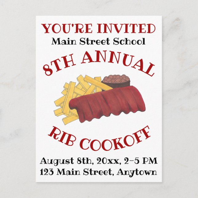 Annual Rib Cookoff BBQ Spare Ribs Barbecue Foodie Invitation Postcard (Front)