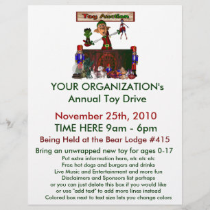 Annual Toy Drive Flier with cute elf  toy auction Flyer