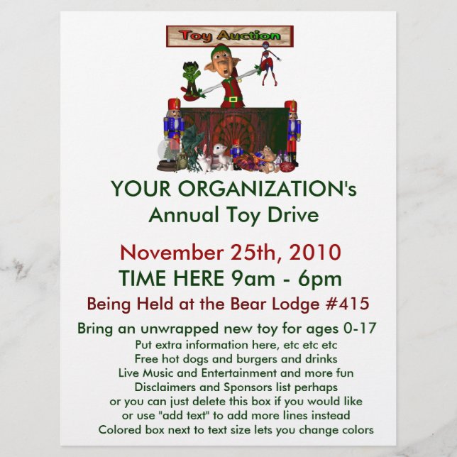 Annual Toy Drive Flier with cute elf  toy auction Flyer (Front)