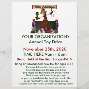 Annual Toy Drive Flier with cute elf  toy auction Flyer
