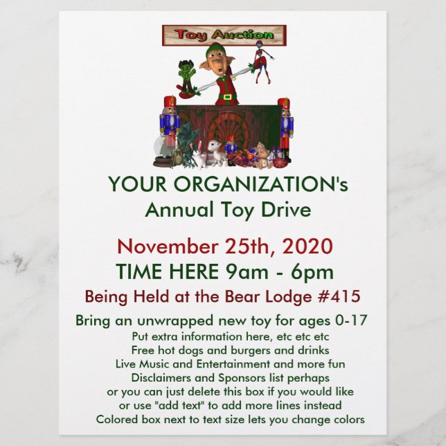Annual Toy Drive Flier with cute elf  toy auction Flyer (Front)