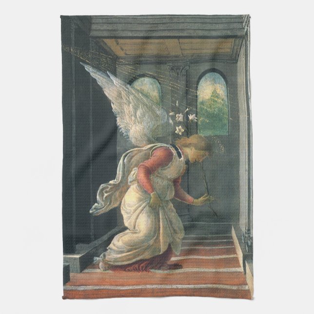Annunciation (angel detail) by Sandro Botticelli Tea Towel (Vertical)