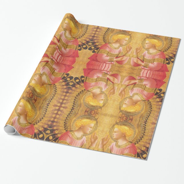 ANNUNCIATION ANGEL GOLD PINK CHRISTMAS GREETINGS WRAPPING PAPER (Unrolled)