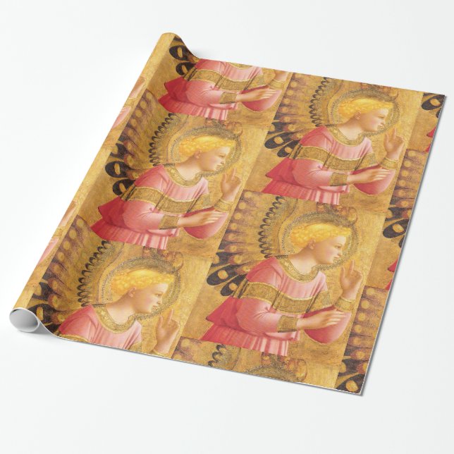 ANNUNCIATION ANGEL IN GOLD AND PINK Christmas Wrapping Paper (Unrolled)