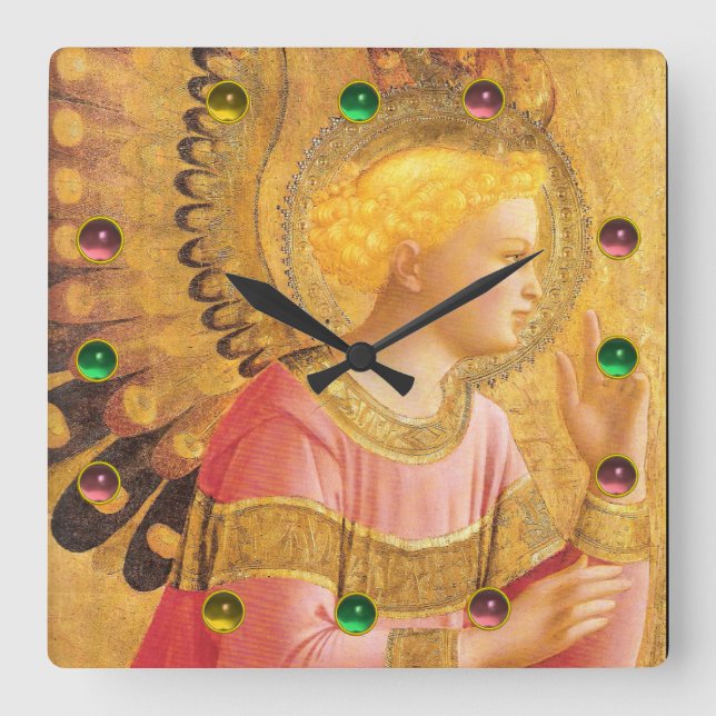ANNUNCIATION ANGEL IN GOLD PINK Colourful Square Wall Clock (Front)