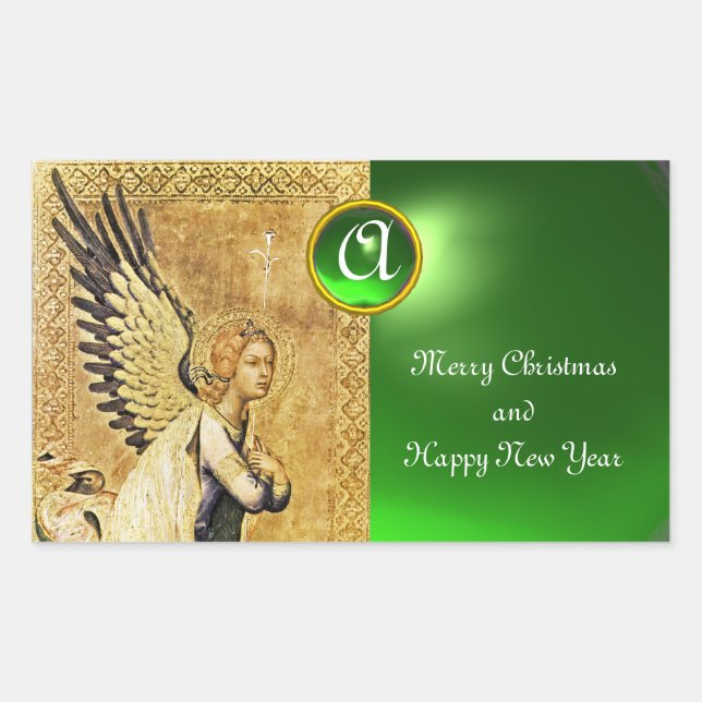 ANNUNCIATION ANGEL MONOGRAM, Green Emerald Rectangular Sticker (Front)