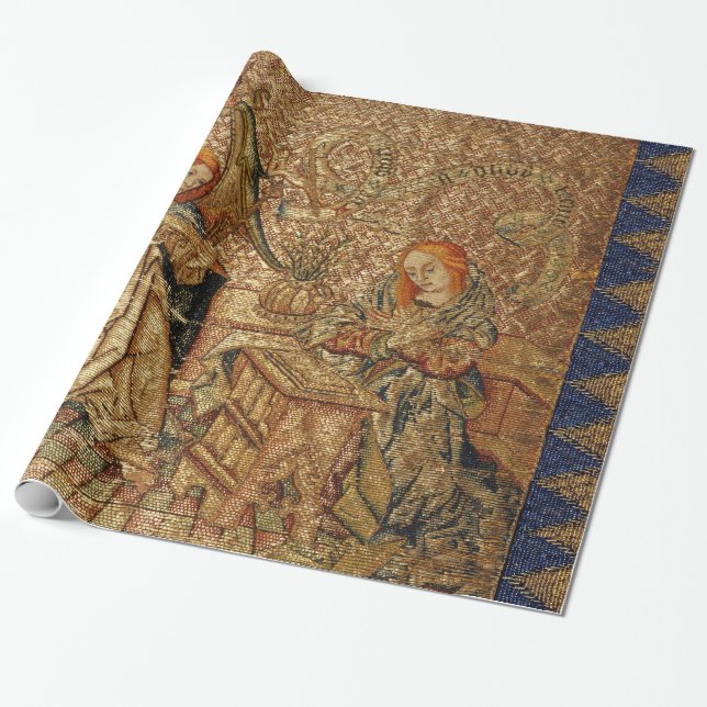 ANNUNCIATION ANTIQUE GOLD BLUE EMBROIDERY WRAPPING PAPER (Unrolled)