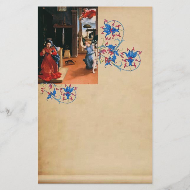 ANNUNCIATION by Lorenzo Lotto, Floral Parchment Stationery (Front)
