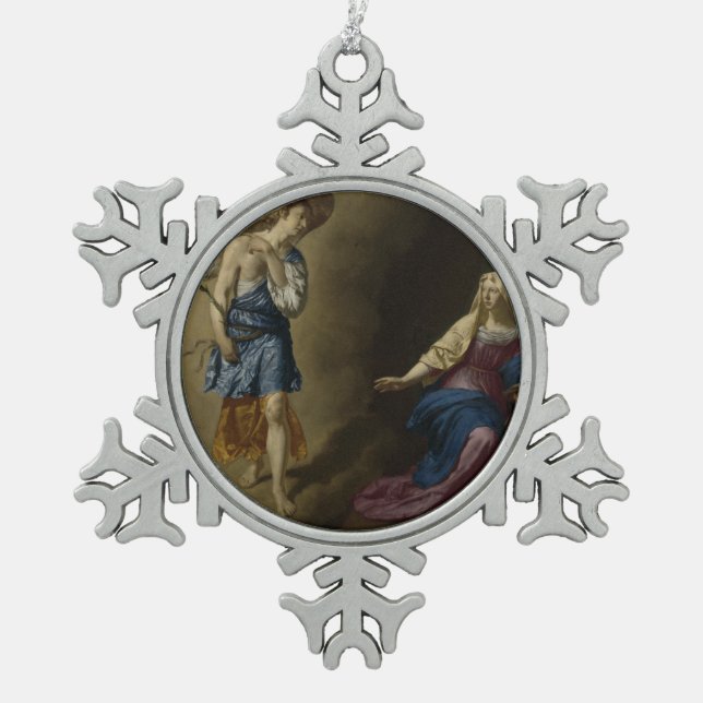 Annunciation of Mary, Velde Snowflake Pewter Christmas Ornament (Front)