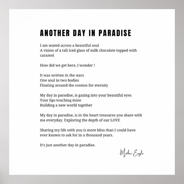 Another day in paradise poem black white wall art (Front)