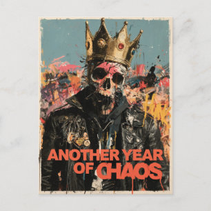 "Another Year of Chaos" Punk Skull King Design Holiday Postcard