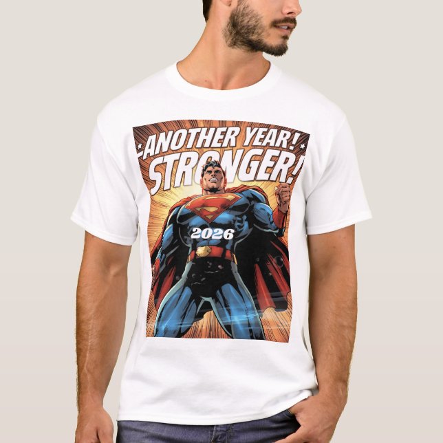 Another Year Stronger! Superhero New Year Design w T-Shirt (Front)