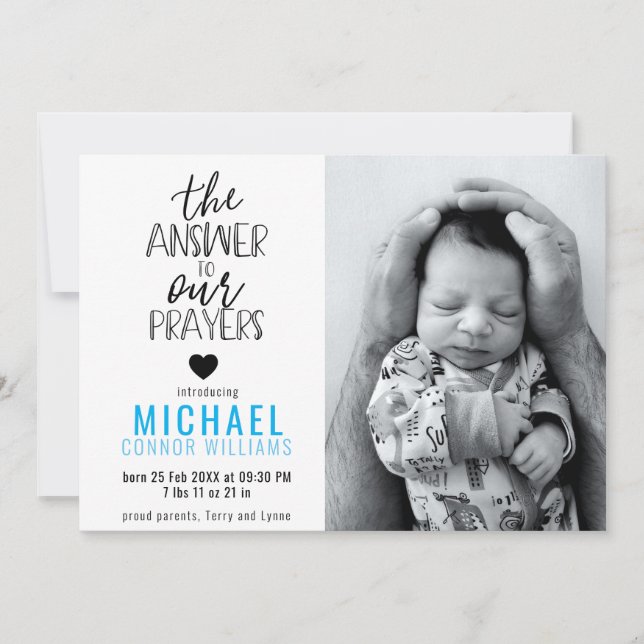 Answer to Our Prayers Photo Blue Boy Birth Announcement (Front)