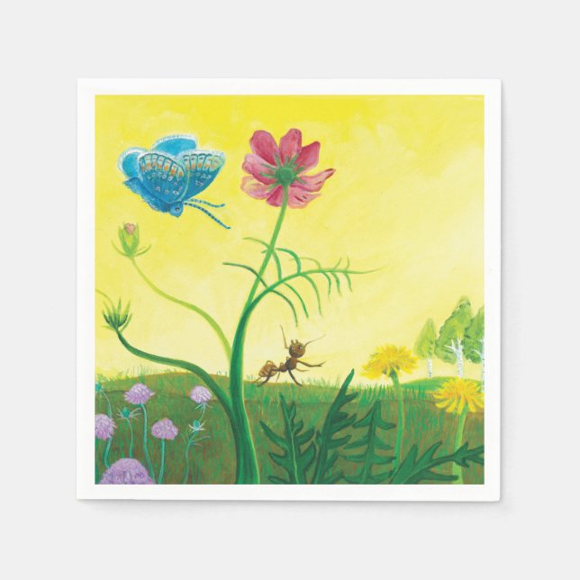 Ant and blue butterfly on wildflower meadow   napkin (Front)