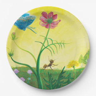 Ant and butterfly on a summer meadow Illustration Paper Plate