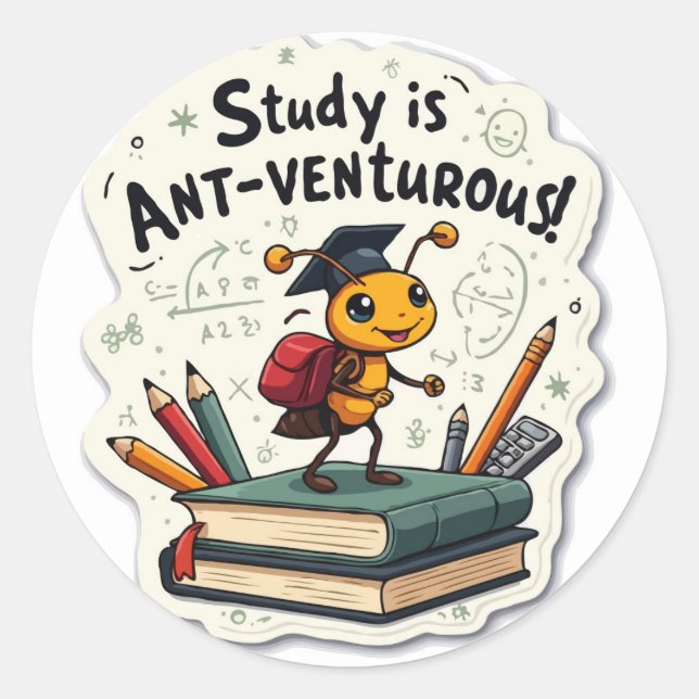 Ant 'Ant-venturous' Pun Die-Cut Motivational Classic Round Sticker (Front)