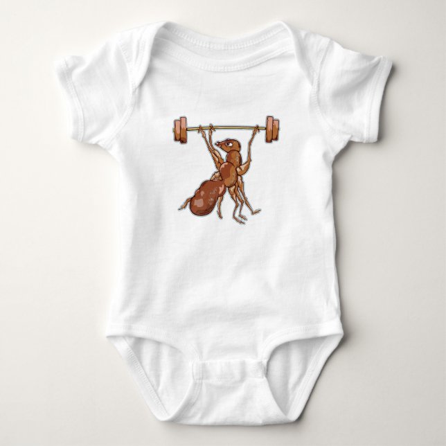 Ant lifting weights baby bodysuit (Front)