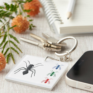 Ant Silhouettes Insects Black Blue Green and Red  Key Ring