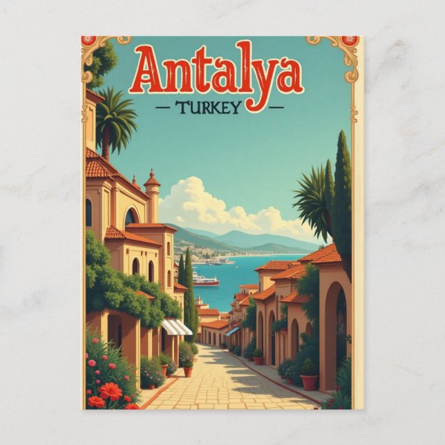Antalya Turkey Vintage Travel Illustration Postcar Postcard (Front)