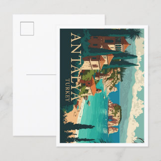 Antalya Turkey Vintage Travel Illustration Postcard