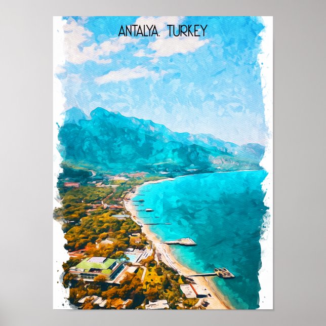 Antalya Turkey Watercolor Illustration Poster (Front)