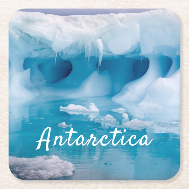 Antarctica iceberg photo with text square paper coaster (Front)