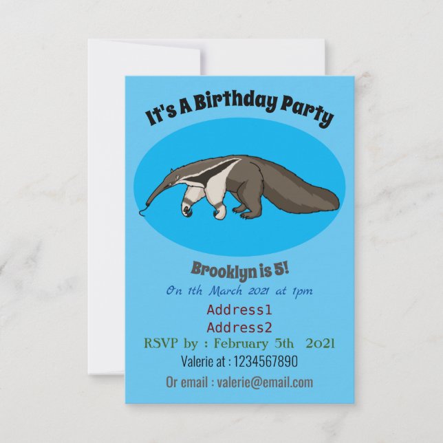 Anteater happy cartoon illustration invitation (Front)