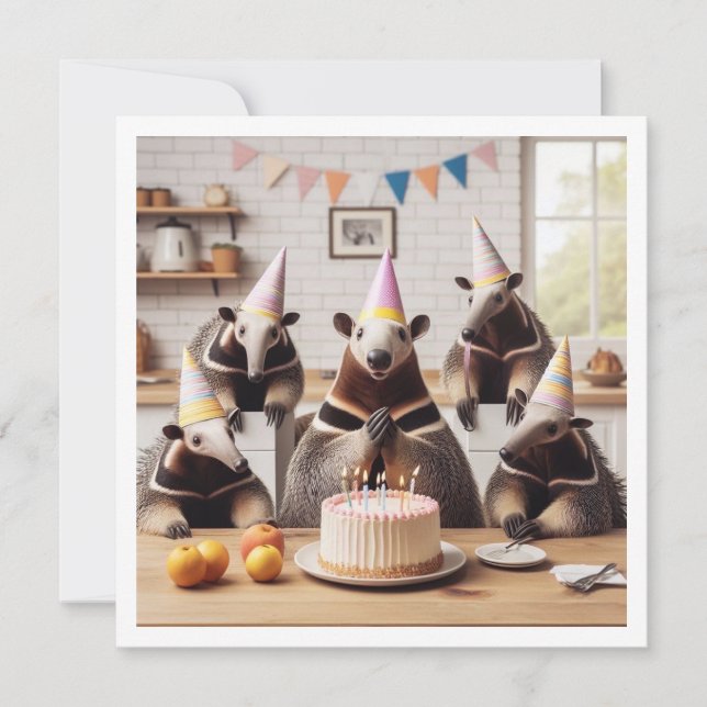 Anteaters celebrating birthday with cake and hat invitation (Front)