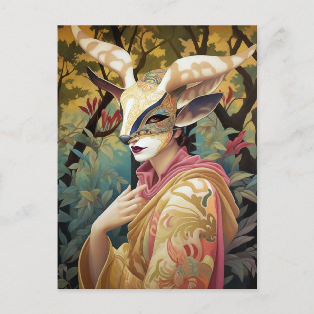 Antelope Mask Lady Surreal Fantasy Art Postcard (Front)