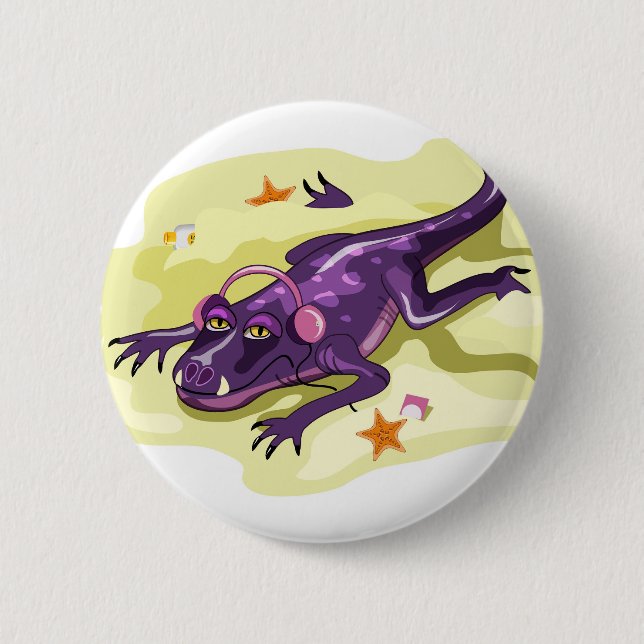 Anteosaurus Sunbathing With Headphones. 6 Cm Round Badge (Front)