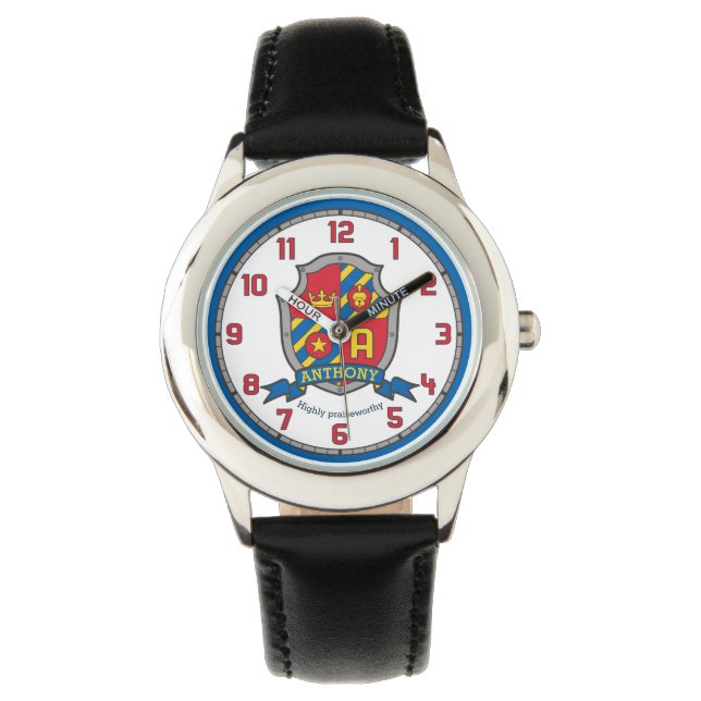 Anthony name meaning crest red blue yellow lion watch (Front)