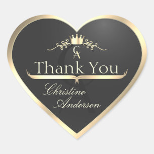 Anthracite and Gold Border Monogram Cute Thank You Heart Sticker