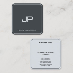 Anthracite Grey Elegant Silver Monogram Glossy Square Business Card