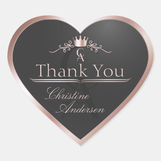 Anthracite with Rose Gold Frame Monogram Thank You Heart Sticker (Front)