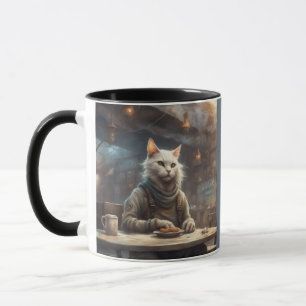 Anthropomorphic cat in dystopian cafe mug
