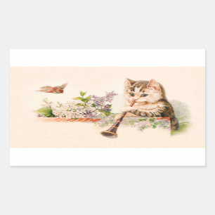 Anthropomorphic Cat Playing Horn - Vintage Art Rectangular Sticker